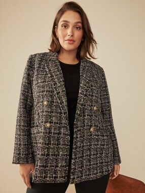 ​EVER NEW Tweed Double Breasted Blazer Jacket Gold Buttons Sz 8 Gorpcore Casual